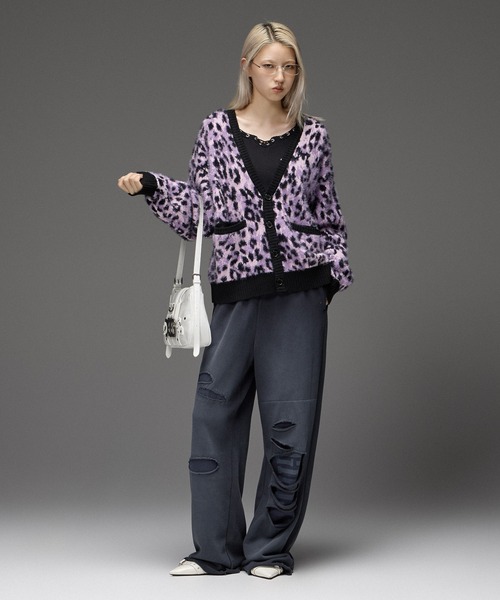 X-girl(エックスガール)の「LEOPARD SHAGGY KNIT CARDIGAN(カーディガン/ボレロ・レディース・ピンク/レオパード・ONE SIZE)」の9枚目の写真