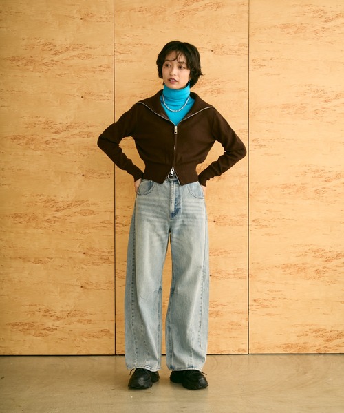 uchi.(ウチ)の「ダブルジップショートニットカーディガン(ニット/セーター・レディース・アイボリー/ブラウン/グレー・FREE)」の4枚目の写真