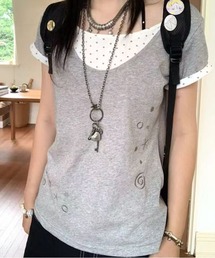 フェイクレイヤードドット切り替え刺繍Uネック半袖Tシャツ