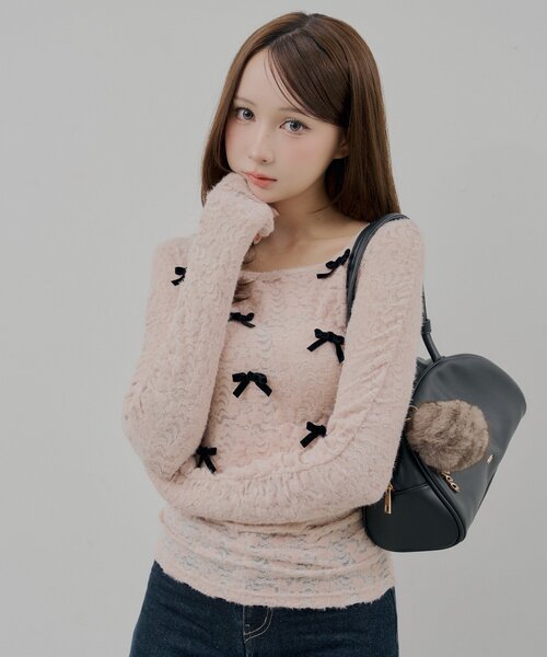 Chico(チコ)の「チビリボンレースT(Tシャツ/カットソー・レディース・アイボリー/ピンクベージュ/ブラック・FREE)」の3枚目の写真