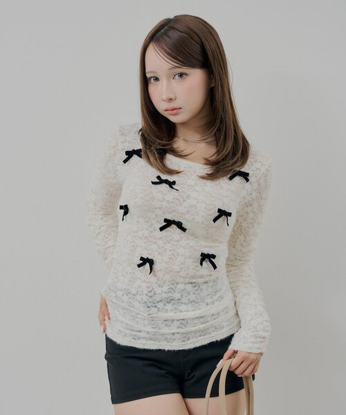 Chico(チコ)の「チビリボンレースT(Tシャツ/カットソー・レディース・アイボリー/ピンクベージュ/ブラック・FREE)」の5枚目の写真