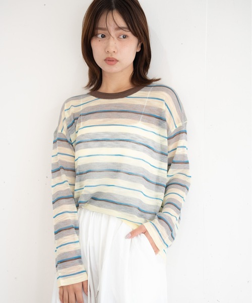 bashful base Oriental(バッシュフルベースオリエンタル)の「【bbO】シアーマルチボーダーニットトップス(ニット/セーター・レディース・イエロー/ピンク/ネイビー・FREE)」の3枚目の写真