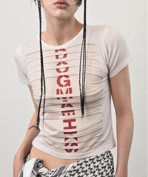 L.H.P(エルエイチピー)の「DOGMA EHKS/ドグマエークス/TROMPE-L'EIL SLASH C-Tee(Tシャツ/カットソー・レディース・ホワイト/ブラック・F)」の1枚目の写真