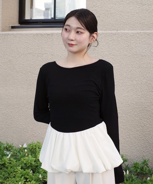 Nulli(ヌリ)の「バルーンペプラムドッキングトップス(Tシャツ/カットソー・レディース・ブラウン/ブラック・FREE)」の1枚目の写真