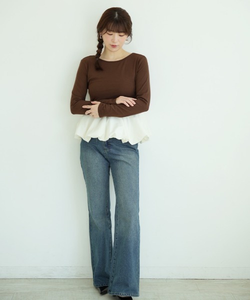 Nulli(ヌリ)の「バルーンペプラムドッキングトップス(Tシャツ/カットソー・レディース・ブラウン/ブラック・FREE)」の4枚目の写真