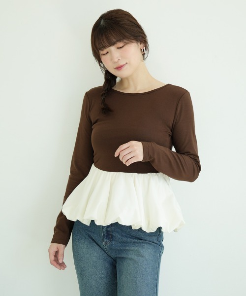 Nulli(ヌリ)の「バルーンペプラムドッキングトップス(Tシャツ/カットソー・レディース・ブラウン/ブラック・FREE)」の7枚目の写真