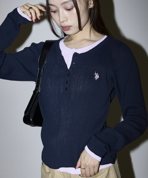 U.S. POLO ASSN.(ユーエスポロアッスン)の「U.S. POLO ASSN. × PUBLUX/ユーエスポロアッスン 別注 ダブル ヘンリーネック レイヤード ニット 限定展開(ニット/セーター・レディース・ブラウン/グレー/ネイビー・フリ-)」の6枚目の写真