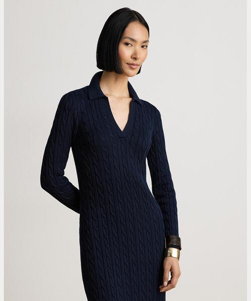 LAUREN RALPH LAUREN(ローレン ラルフ ローレン)の「ケーブルニット コットンブレンド セーター ドレス(ワンピース・レディース・ネイビー系1・S/M/L/XS/XXS)」の6枚目の写真