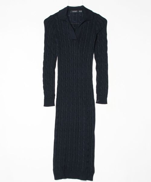 LAUREN RALPH LAUREN(ローレン ラルフ ローレン)の「ケーブルニット コットンブレンド セーター ドレス(ワンピース・レディース・ネイビー系1・S/M/L/XS/XXS)」の3枚目の写真