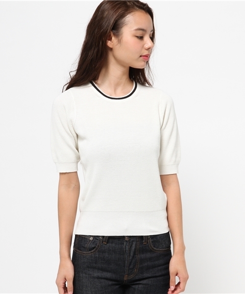 AZUL by moussy（アズールバイマウジー）の「ラインクルーネック5分袖PO（ニット/セーター・レディース・オフホワイト/ネイビー・SMALL/LARGE/MEDIUM/X-LARGE）」の3枚目の写真