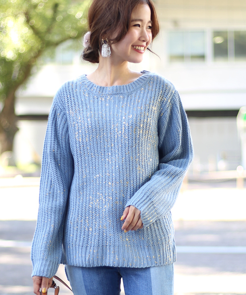 Bou Jeloud（ブージュルード）の「【WEB限定プライス】箔プリントルーズニットプルオーバー（ニット/セーター・レディース・ブルー/オフホワイト/イエロー・FREE）」の3枚目の写真