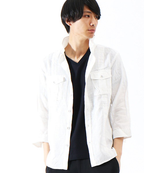 ABAHOUSE(アバハウス)の「【定番】リネン平織スタンドシャツ(シャツ/ブラウス・メンズ・オリーブ/ネイビー/ホワイト・44/46/48)」の2枚目の写真