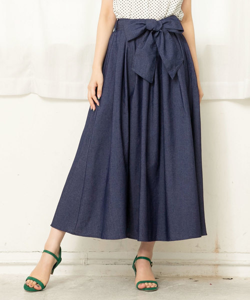 KOBE LETTUCE（コウベレタス）の「ウエストリボンマキシ丈フレアスカート/レディースボトムス[M2151]神戸レタス（スカート・レディース・パープル/ベージュ/ブラック系その他/グリーン/ドット/イエロー/ブラック/カーキ/マスタード/ブルー系その他/キャメル/ネイビー・FREE）」の7枚目の写真