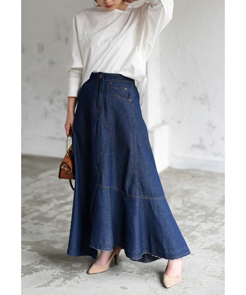 k*（ケイ）の「アシンメトリーフリルロングデニムスカート（デニム