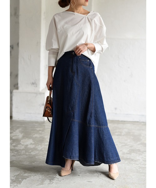 k*（ケイ）の「アシンメトリーフリルロングデニムスカート