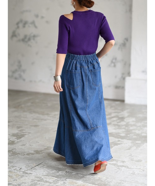 【ワイズ】ロングスカート　アシンメトリー プリーツ　デニム　インディゴ 1 ワイズ】ロングスカート アシンメトリー プリーツ デニム