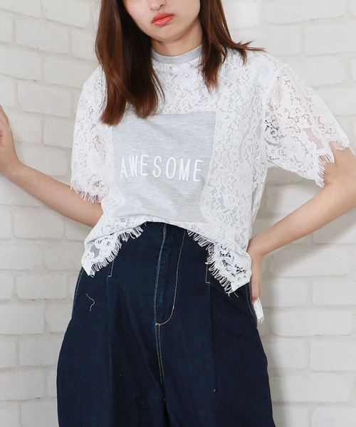 【SALE】&g'aime アンジェム　カーブレース切替Tシャツ　980-66107 表示しない】【&g'aime】レースプリントTシャツ（Tシャツ