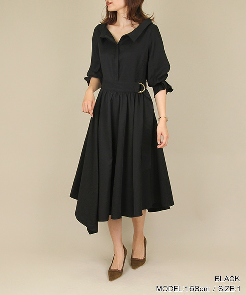 RANDA（ランダ）の「ウエストベルトフレアワンピース（ワンピース・レディース・ブラック/ベージュ/グリーン/チェック・0/1）」の2枚目の写真