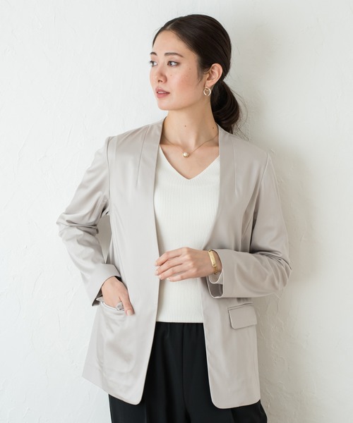 LOUNGEDRESS(ラウンジドレス)の「裾ねじりジャケット(ノーカラージャケット・レディース・ネイビー/グレー・FREE)」の1枚目の写真