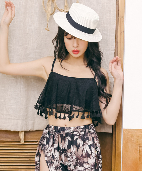 Dita（ディータ）の「【3点セット】リゾートパンツ付きフリンジトップスビキニセット【RT】（水着・レディース・ブラック/ホワイト・M/L/XL）」の6枚目の写真