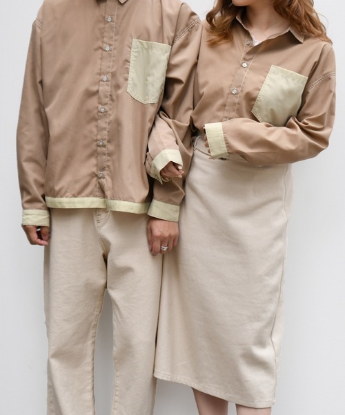 PairPair（ペアペア）の「ステッチ配色シャツ(男女兼用)（シャツ/ブラウス・レディース・ライトカーキ/モカ・MEDIUM/LARGE）」の2枚目の写真