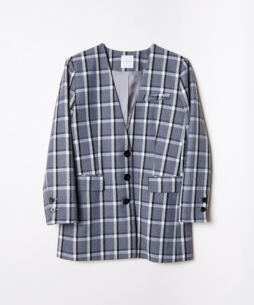 REDYAZEL(レディアゼル)の「チェックテーラードジャケット(ノーカラージャケット・レディース・ブラウン/グレー・FREE)」の12枚目の写真