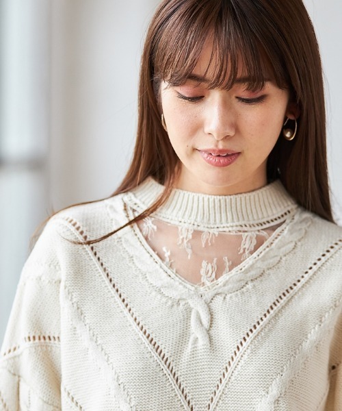 Cookie Chocolate（クッキーチョコレート）の「シアーレースパネルケーブルニット（ニット/セーター・レディース・ベージュ/ブラック・M）」の5枚目の写真