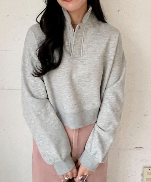 EPIMI E'PIMMY(エピミエピミー)の「ハーフジップ裏毛ショートプルオーバー(スウェット・レディース・ダークブルー/オフホワイト/グリーン/杢グレー・MEDIUM)」の1枚目の写真