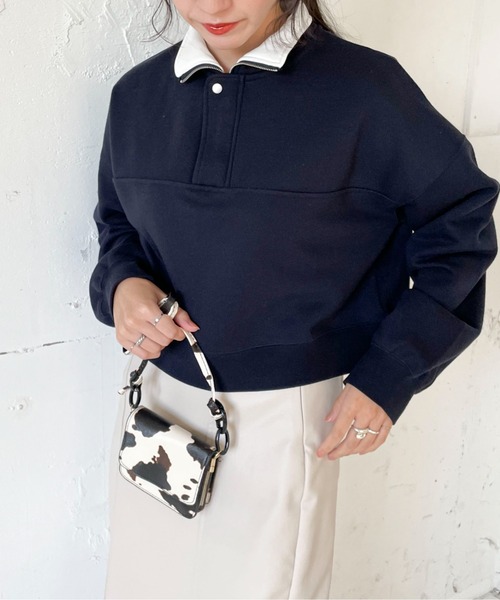 EPIMI E'PIMMY(エピミエピミー)の「ハーフジップ裏毛ショートプルオーバー(スウェット・レディース・ダークブルー/オフホワイト/グリーン/杢グレー・MEDIUM)」の4枚目の写真