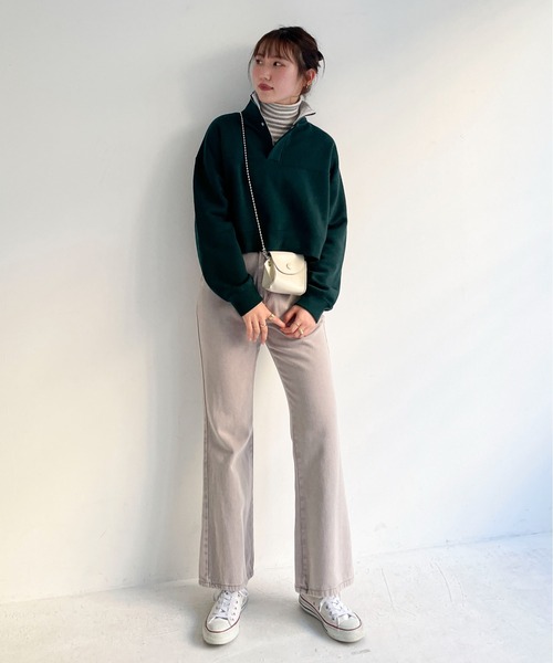 EPIMI E'PIMMY(エピミエピミー)の「ハーフジップ裏毛ショートプルオーバー(スウェット・レディース・ダークブルー/オフホワイト/グリーン/杢グレー・MEDIUM)」の9枚目の写真