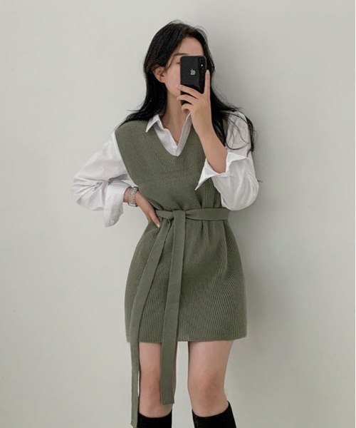 BEIDELLI（ベイデリー）の「[BELLIDE MADE] Vネックニットベストワンピース（ワンピース・レディース・オリーブ/マスタード・FREE）」の17枚目の写真