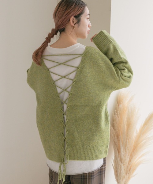 ITEMS URBANRESEARCH（アイテムズ アーバンリサーチ）の「バック編みニット（ニット/セーター・レディース・パープル/グリーン/ライトベージュ・FREE）」の3枚目の写真