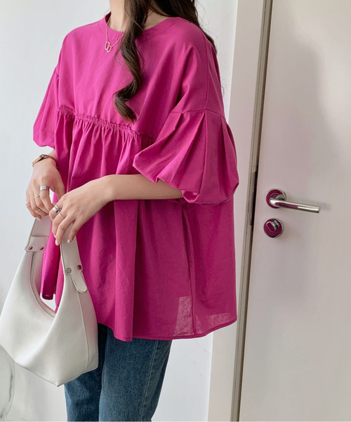 emi+(エミプラス)の「フロントギャザーチュニックブラウス(シャツ/ブラウス・レディース・ホワイト/ブラック/グリーン/モカ/ブルーグレー/パープル/チャコールグレー/ベージュ/ライトブルー・FREE)」の9枚目の写真