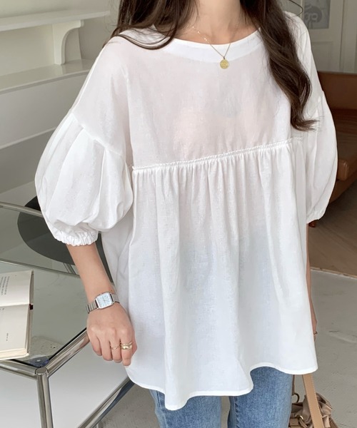 emi+(エミプラス)の「フロントギャザーチュニックブラウス(シャツ/ブラウス・レディース・ホワイト/ブラック/グリーン/モカ/ブルーグレー/パープル/チャコールグレー/ベージュ/ライトブルー・FREE)」の11枚目の写真