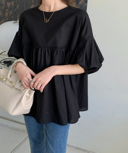 emi+(エミプラス)の「フロントギャザーチュニックブラウス(シャツ/ブラウス・レディース・ホワイト/ブラック/グリーン/モカ/ブルーグレー/パープル/チャコールグレー/ベージュ/ライトブルー・FREE)」の18枚目の写真