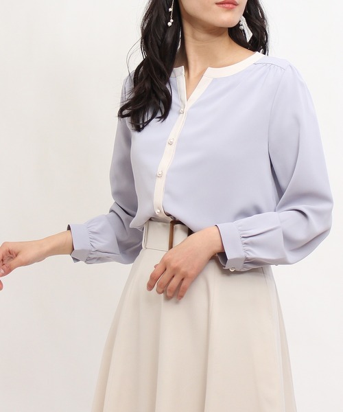 TRUDEA（トルディア）の「配色使いパールボタンスキッパーブラウス（シャツ/ブラウス・レディース・ミント/モカ/ピンクベージュ/ベージュ/ホワイト/サックスブルー・SMALL/MEDIUM/LARGE）」の5枚目の写真