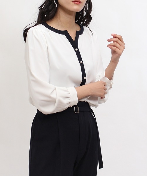 TRUDEA（トルディア）の「配色使いパールボタンスキッパーブラウス（シャツ/ブラウス・レディース・ミント/モカ/ピンクベージュ/ベージュ/ホワイト/サックスブルー・SMALL/MEDIUM/LARGE）」の8枚目の写真