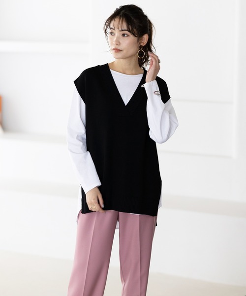 GeeRA(ジーラ)の「ゆるVネックきれいめニットベスト(ニット/セーター・レディース・ブラック/ベージュ・MEDIUM/LARGE/X-LARGE)」の11枚目の写真