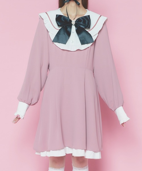 WEGO(ウィゴー)の「WEGO/【一部店限定】リボン付きビッグ襟ワンピース(ワンピース・レディース・ブラック/ピンク・FREE)」の5枚目の写真