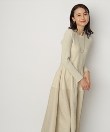 試着のみCADUNEジャガードドッキングワンピースパールロング長袖黒