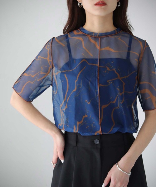 cheriella（シェリエラ）の「【cheriella】WEB限定マーブルハイネックシアートップス半袖　新色追加（Tシャツ/カットソー・レディース・グレイッシュベージュ/ブラック/ブルー/カーキ/グレー/ブルーグリーン/グレー系その他/ワイン・M）」の12枚目の写真