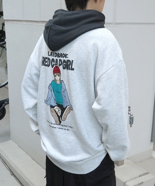 Red Cap Girl(レッドキャプガール)の「【RED CAP GIRL】新柄追加 ビッグシルエット フロント発泡プリントプルオーバーパーカー ユニセックス(パーカー・メンズ・ホワイト/ブラック/杢グレー/ブルー/ホワイト系その他/グレー系その他/ブルー系その他2/グリーン系その他/ブルー系その他/グレー系3/ブルー系その他3/グレー系その他3/ホワイト系その他3・L/M)」の7枚目の写真