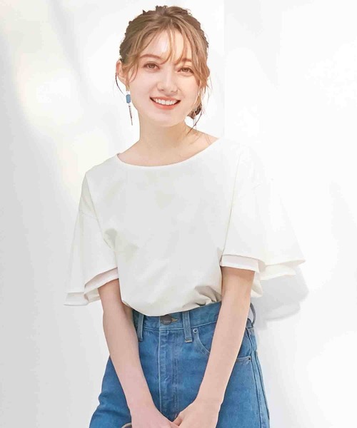 alotta(アロッタ)の「シルケット素材袖シフォン使いトップス(Tシャツ/カットソー・レディース・ミント/ラベンダー/ピンク/ブルー/オフホワイト/ブラック・X-LARGE/XX-LARGE/LARGE/MEDIUM)」の2枚目の写真