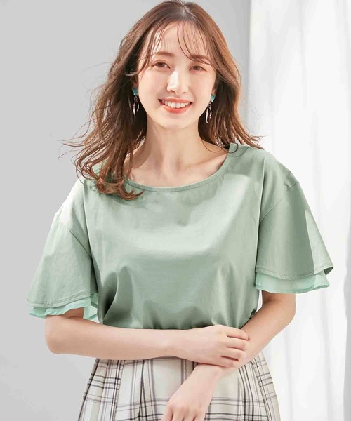 alotta(アロッタ)の「シルケット素材袖シフォン使いトップス(Tシャツ/カットソー・レディース・ミント/ラベンダー/ピンク/ブルー/オフホワイト/ブラック・X-LARGE/XX-LARGE/LARGE/MEDIUM)」の3枚目の写真