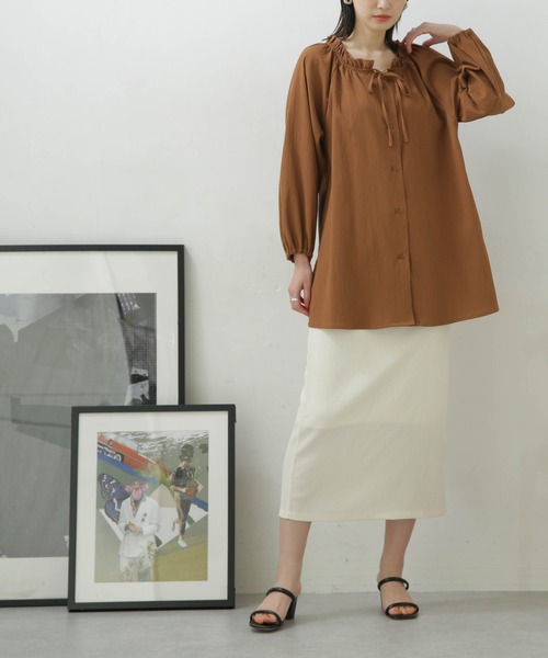 NANO universe（ナノユニバース）の「LB.04/カット楊柳シャーリングスカート（スカート・レディース・クリーム/ブラック/パープル/モカ・FREE）」の4枚目の写真