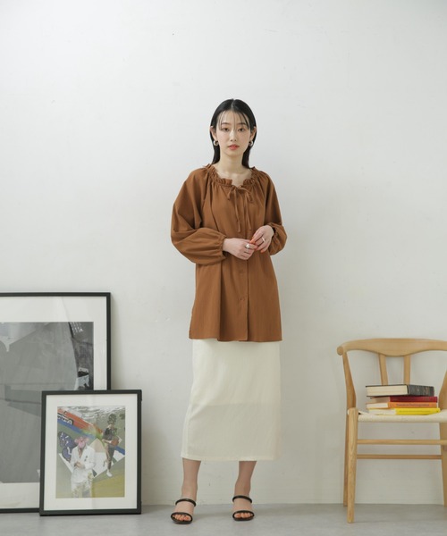 NANO universe（ナノユニバース）の「LB.04/カット楊柳シャーリングスカート（スカート・レディース・クリーム/ブラック/パープル/モカ・FREE）」の10枚目の写真