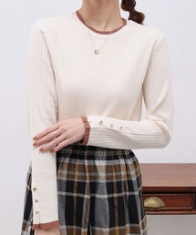配色ライン袖口ボタンリブプルオーバー