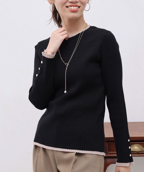 Chez toi（シェトワ）の「配色ライン袖口ボタンリブプルオーバー（ニット/セーター・レディース・マスタード/オフホワイト/ブラック/サックスブルー・FREE）」の7枚目の写真