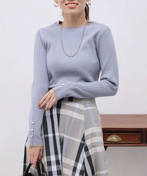 Chez toi（シェトワ）の「配色ライン袖口ボタンリブプルオーバー（ニット/セーター・レディース・マスタード/オフホワイト/ブラック/サックスブルー・FREE）」の8枚目の写真