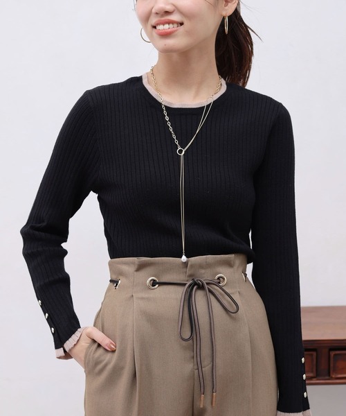 Chez toi（シェトワ）の「配色ライン袖口ボタンリブプルオーバー（ニット/セーター・レディース・マスタード/オフホワイト/ブラック/サックスブルー・FREE）」の17枚目の写真